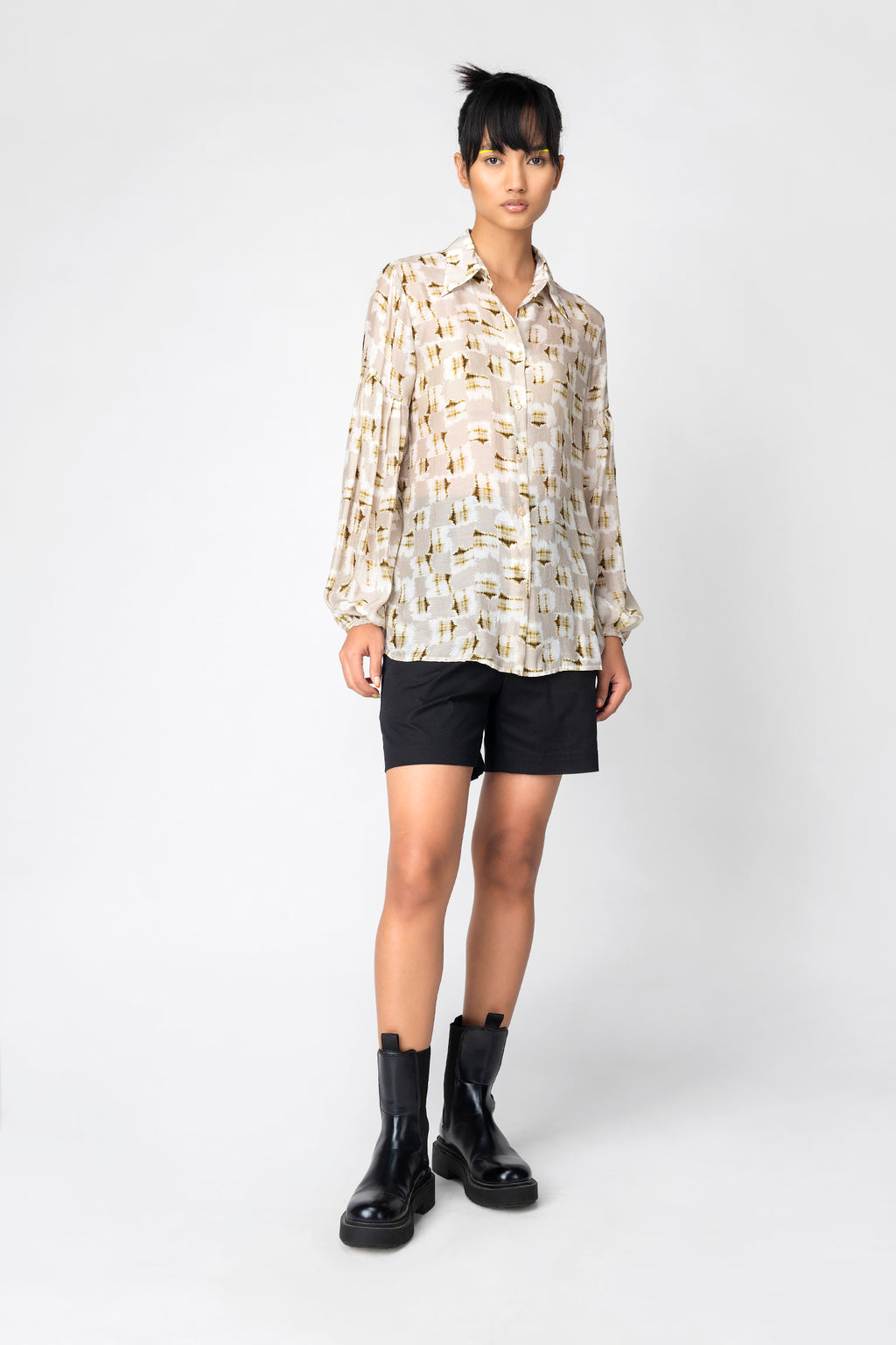 Beige Abstract Sheer Shirt with Balloon Sleeves