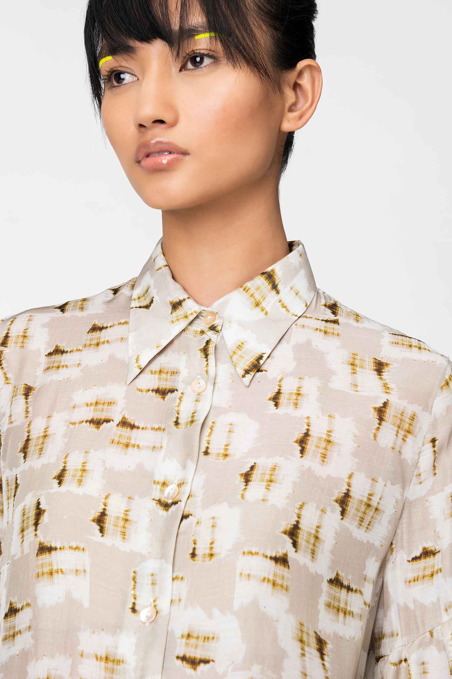 Beige Abstract Sheer Shirt with Balloon Sleeves