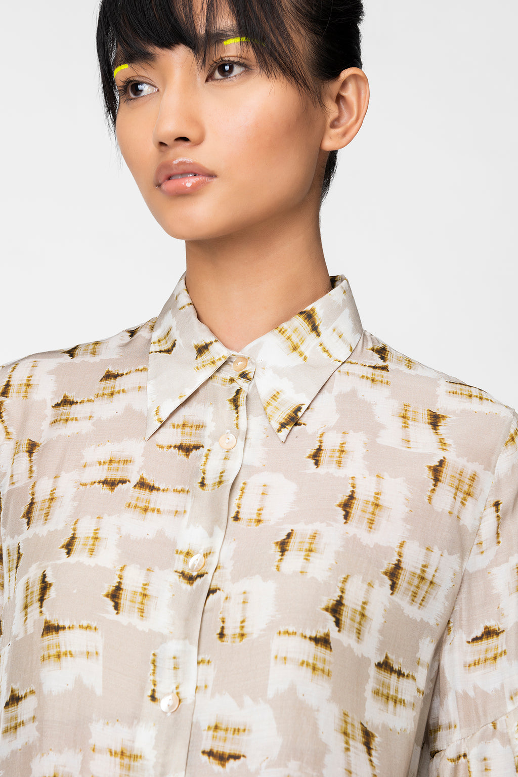 Beige Abstract Sheer Shirt with Balloon Sleeves