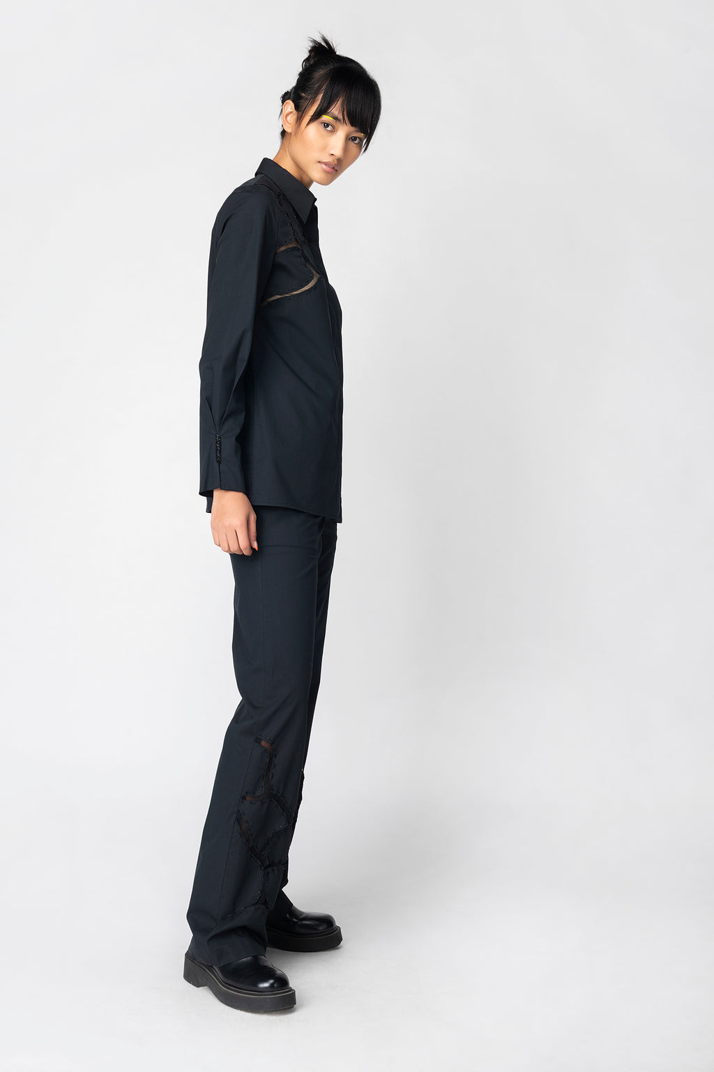 Black High-Waist Panelled Pants with Sheer Inserts