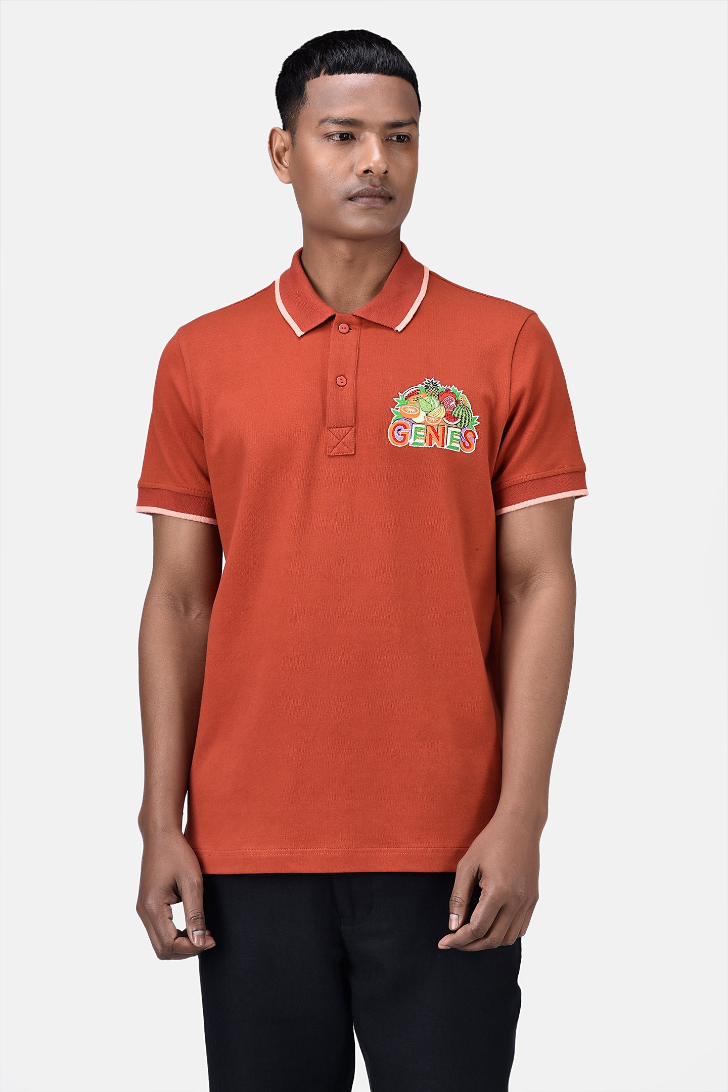 Regular Fit Men's Polo With Genes Fruit Basket Embroidery Coral Orange