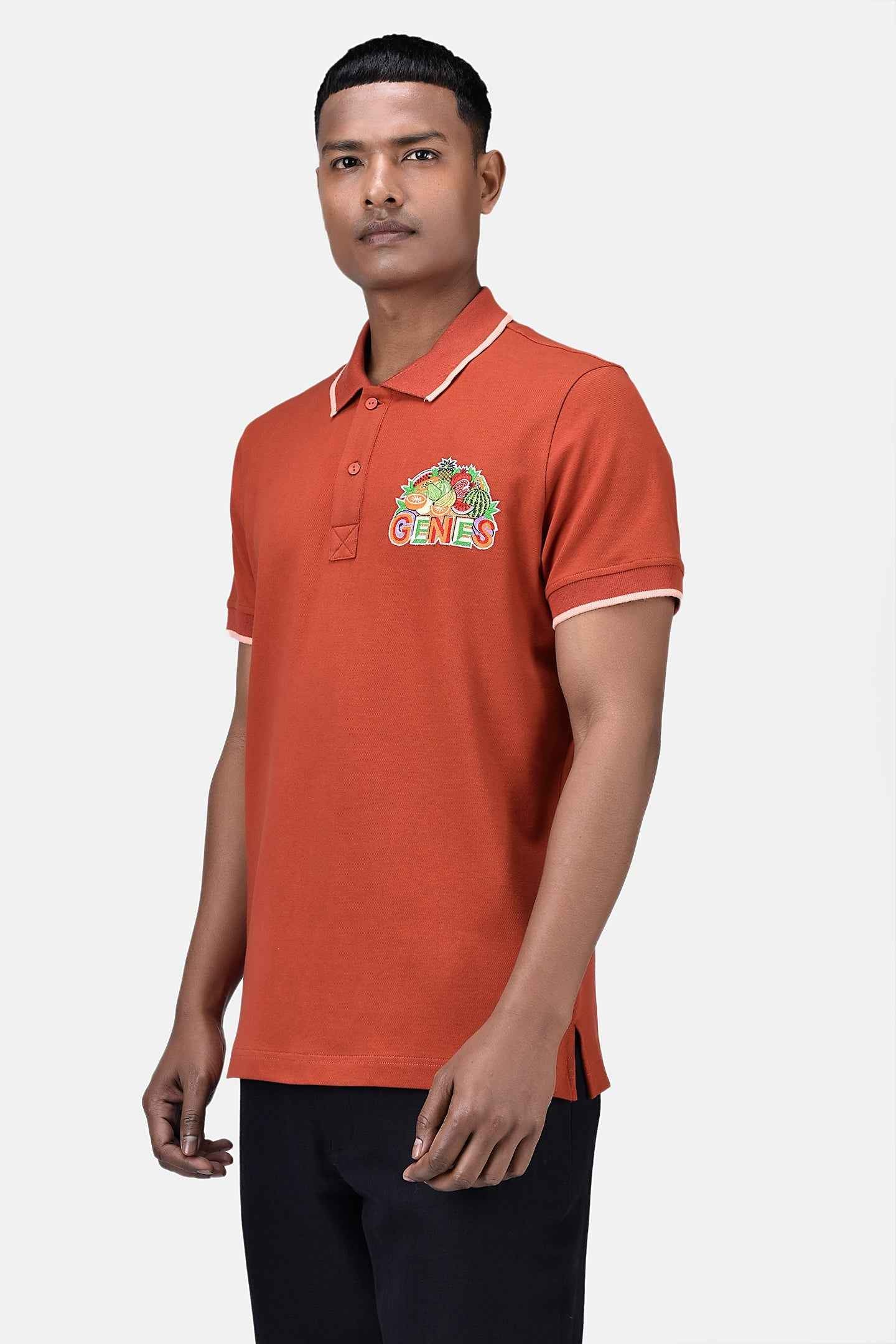 Regular Fit Men's Polo With Genes Fruit Basket Embroidery Coral Orange