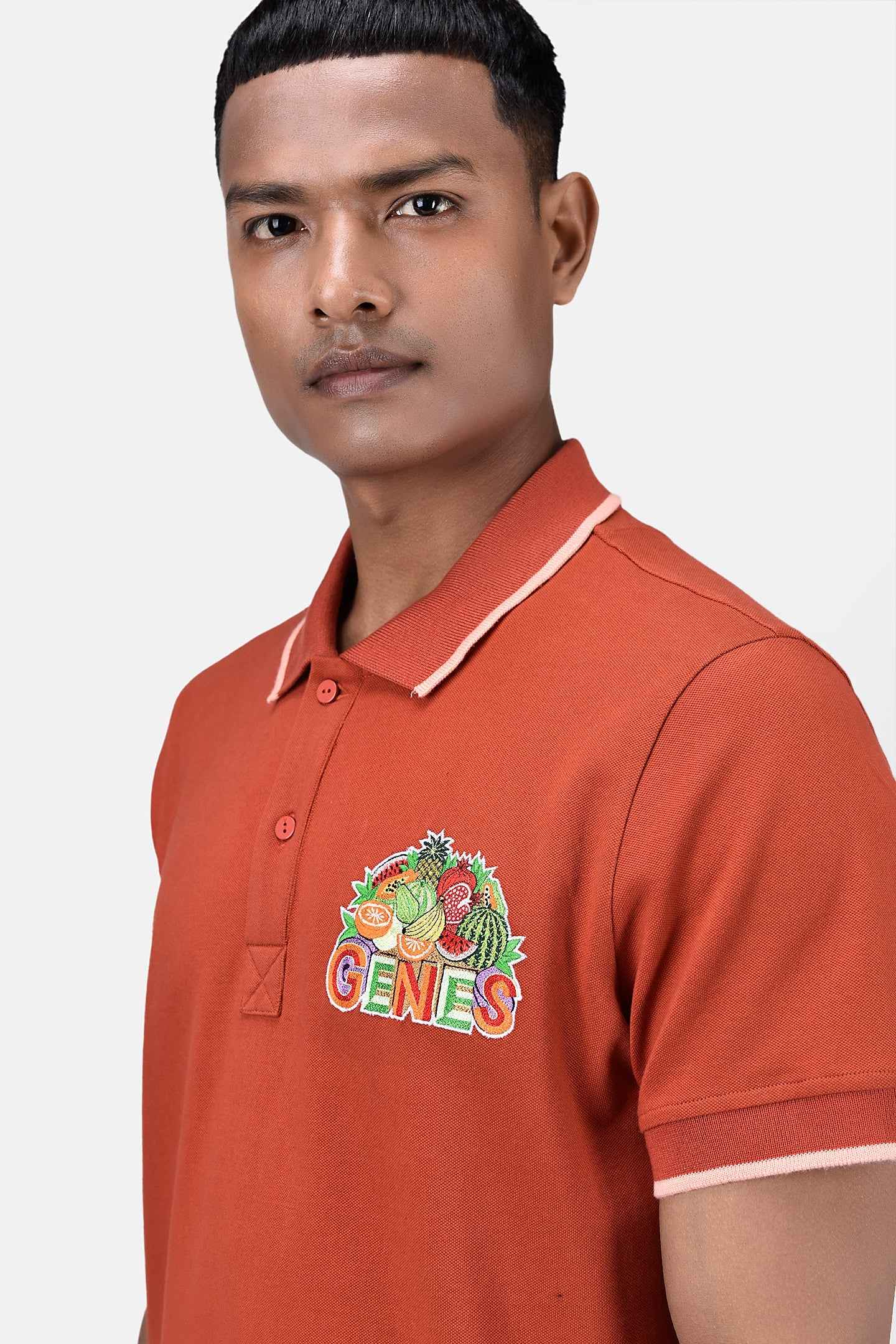 Regular Fit Men's Polo With Genes Fruit Basket Embroidery Coral Orange