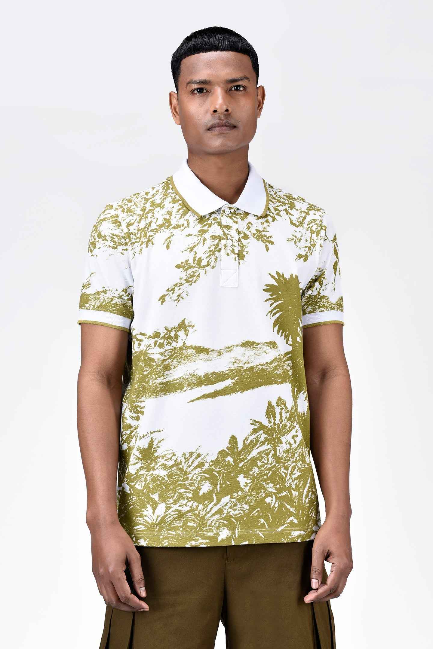 Men's Regular Fit Cotton Pique Polo with Contrast Tipping-Bright Olive