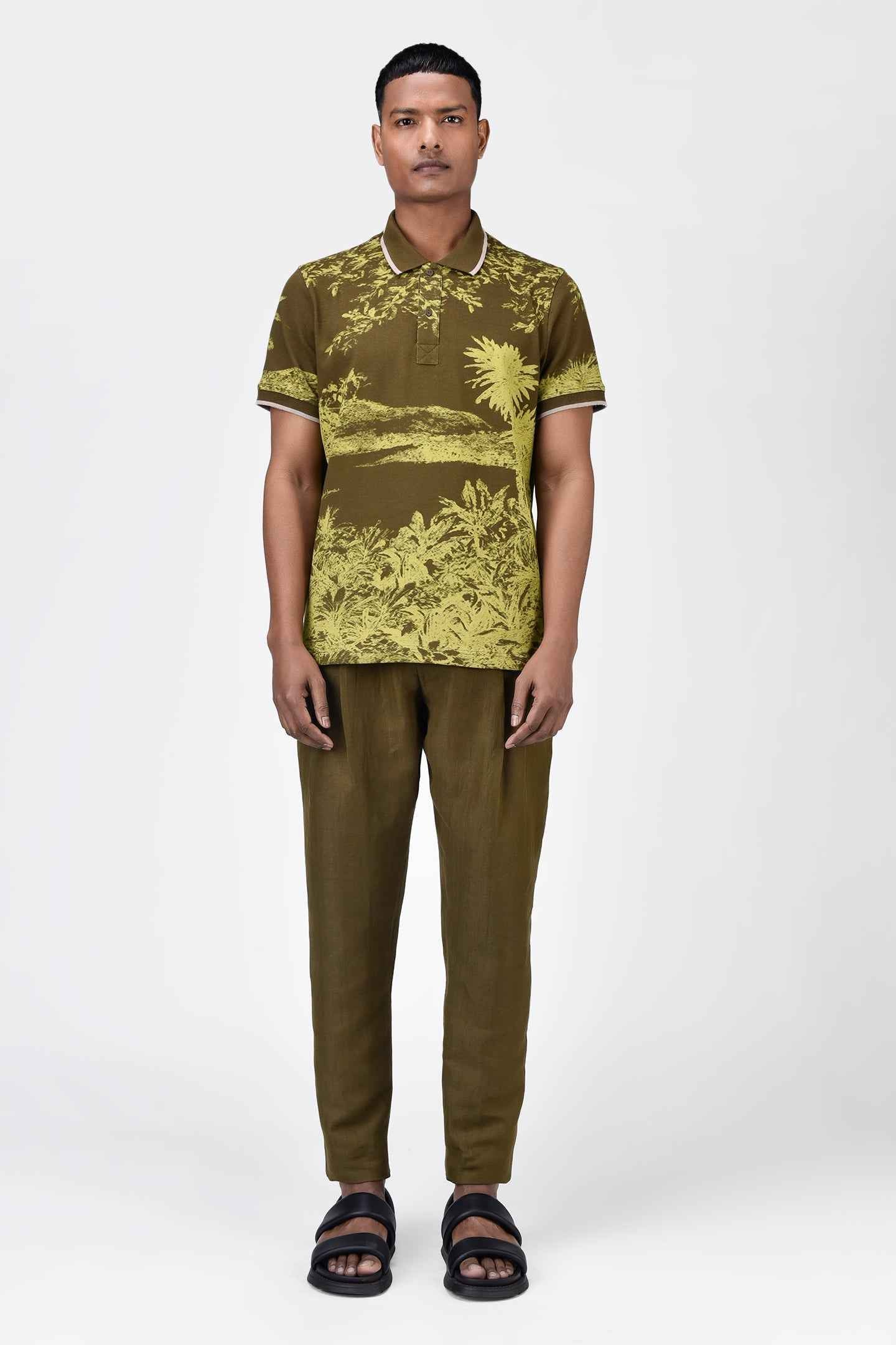 Men's Regular Fit Cotton Pique Polo with Contrast Tipping-Khaki