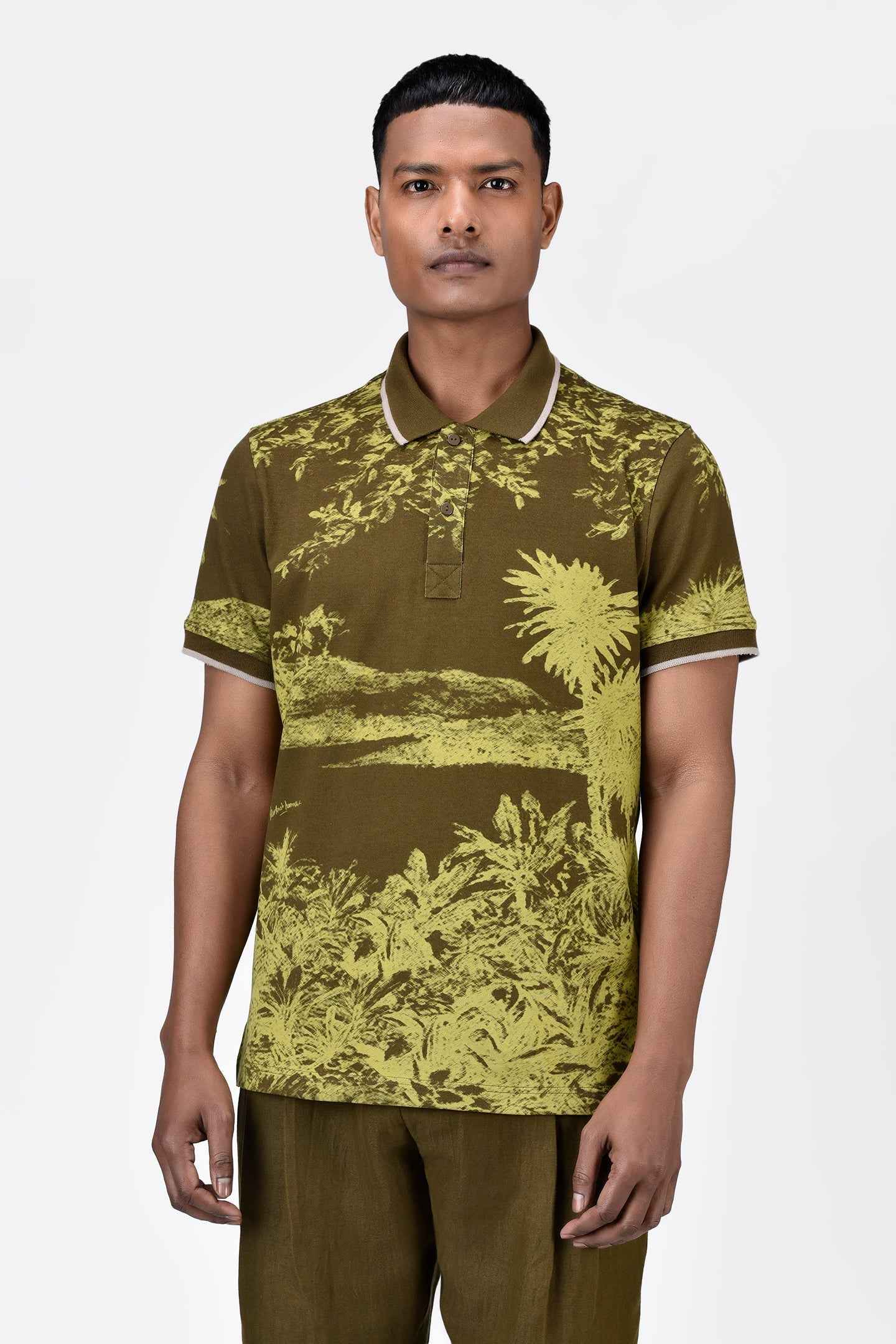 Men's Regular Fit Cotton Pique Polo with Contrast Tipping-Khaki