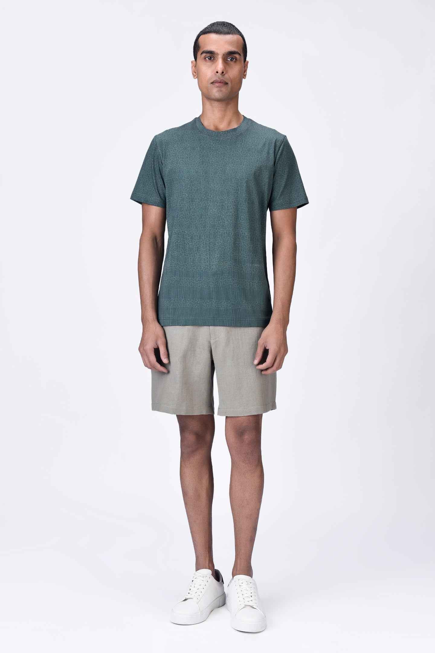 Pine Green Cotton Jersey Regular Fit T-Shirt with Cell Chain Print