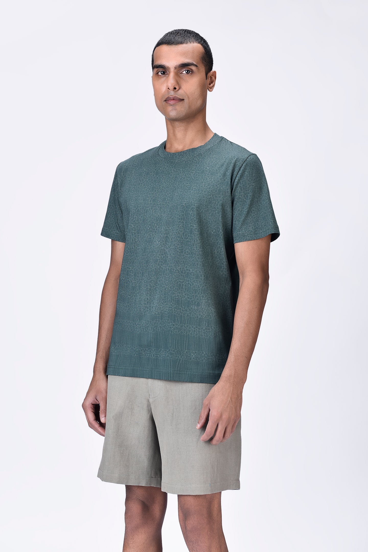 Pine Green Cotton Jersey Regular Fit T-Shirt with Cell Chain Print