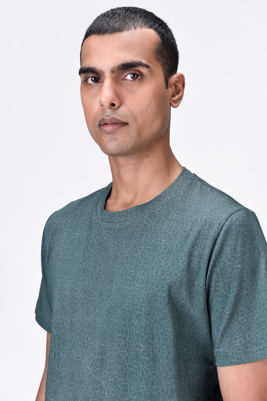 Pine Green Cotton Jersey Regular Fit T-Shirt with Cell Chain Print