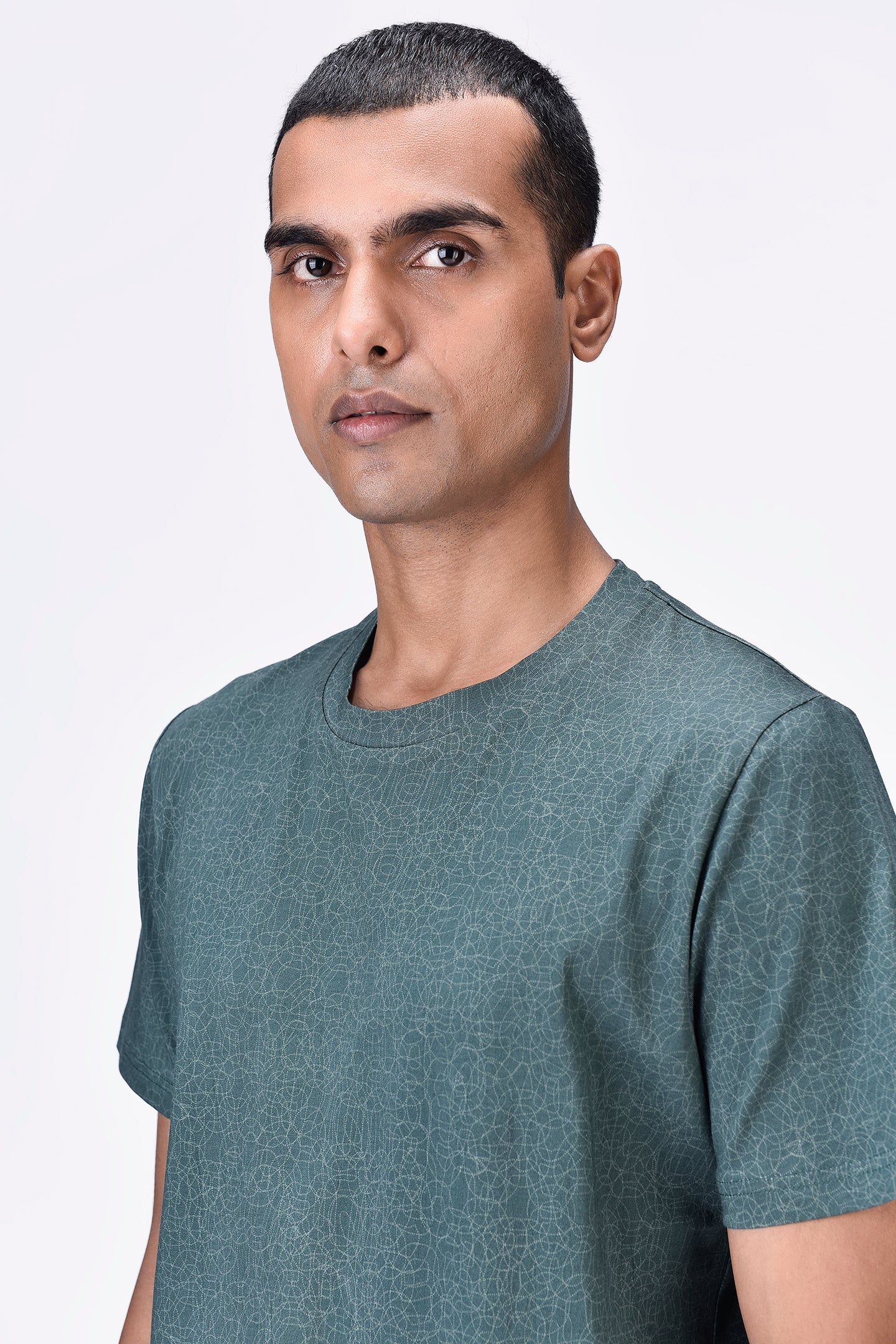 Pine Green Cotton Jersey Regular Fit T-Shirt with Cell Chain Print