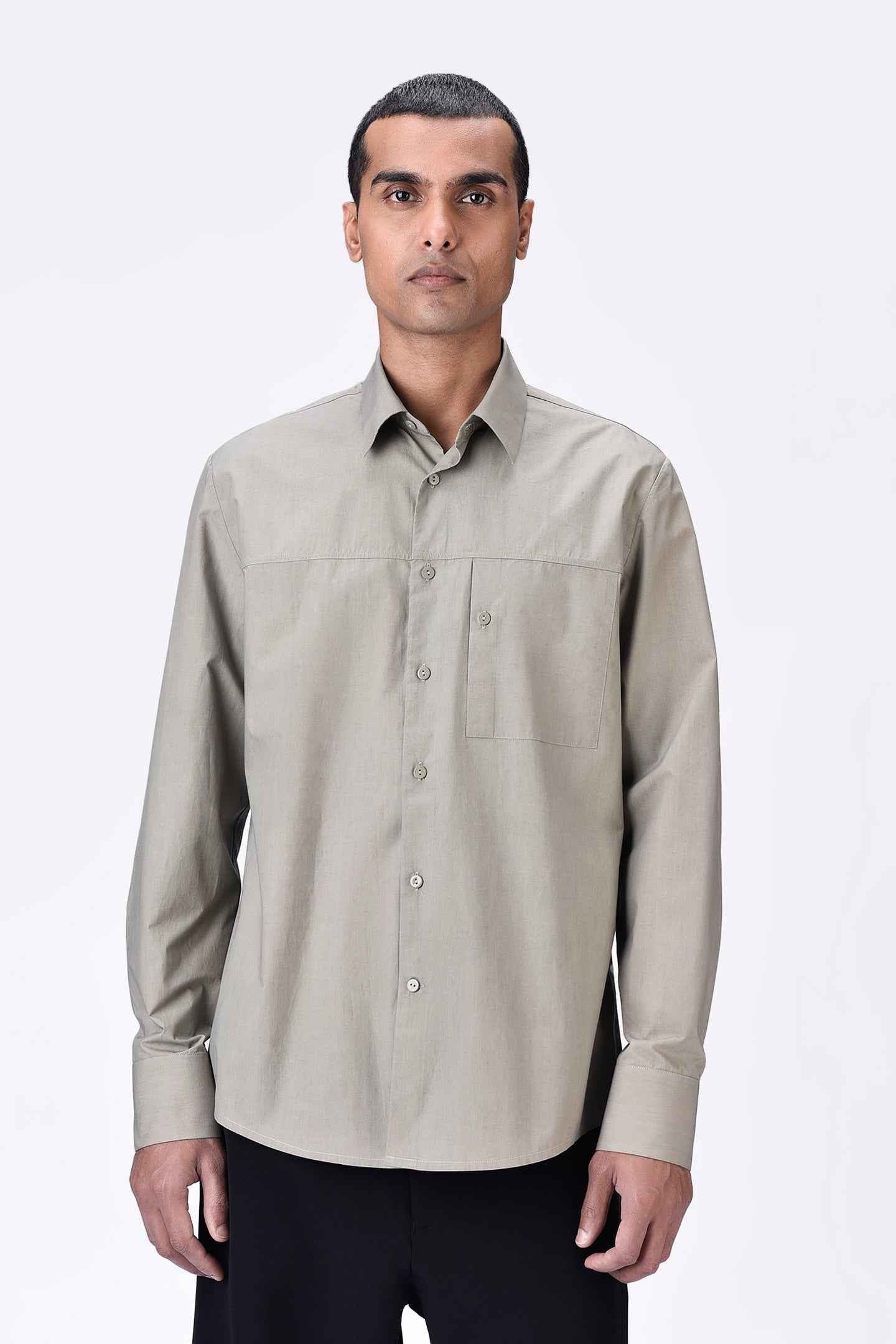 Giza Cotton Poplin Shirt with Button Pocket Details - Black