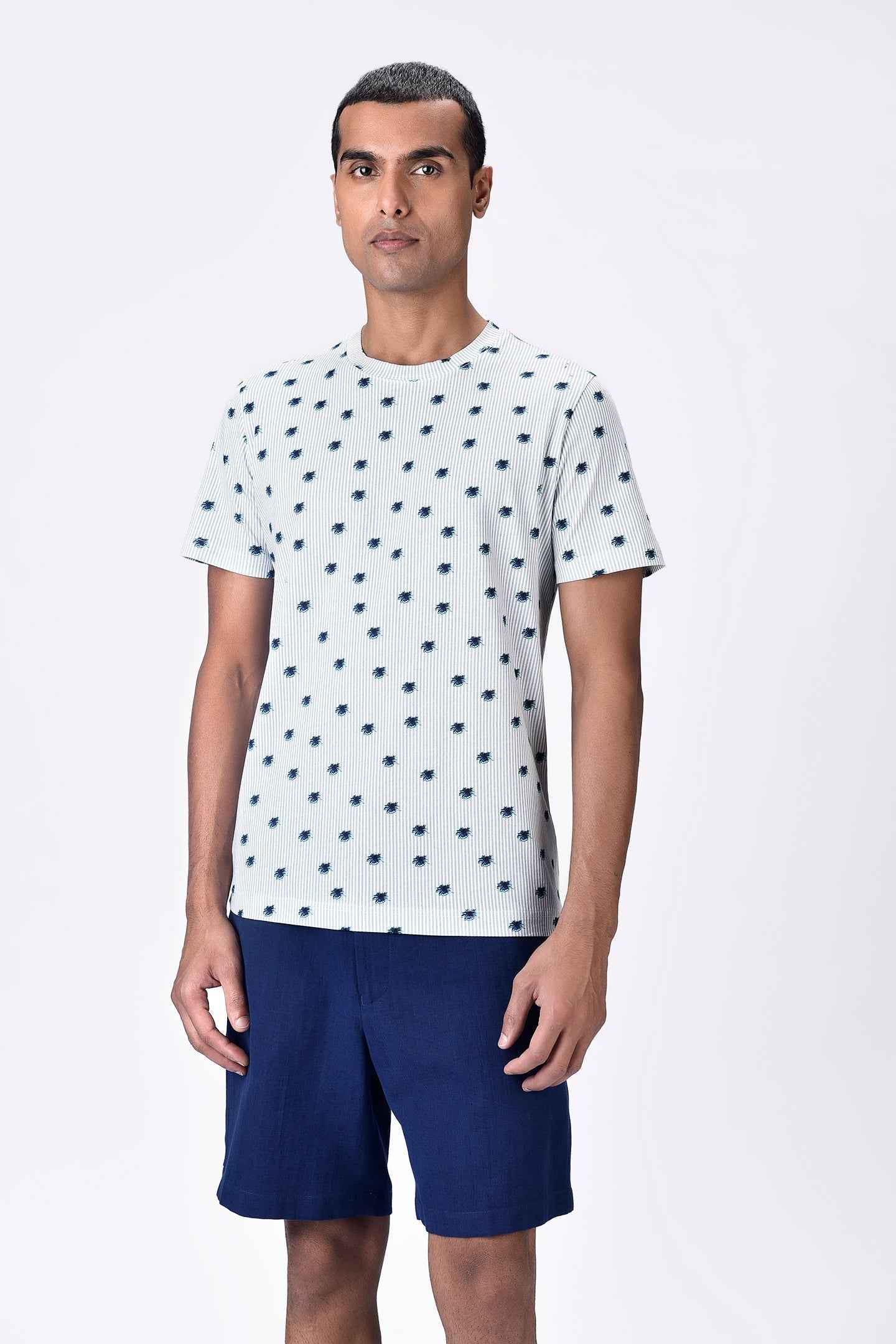 Stripe Crew Neck T-Shirt with UV Flower Print