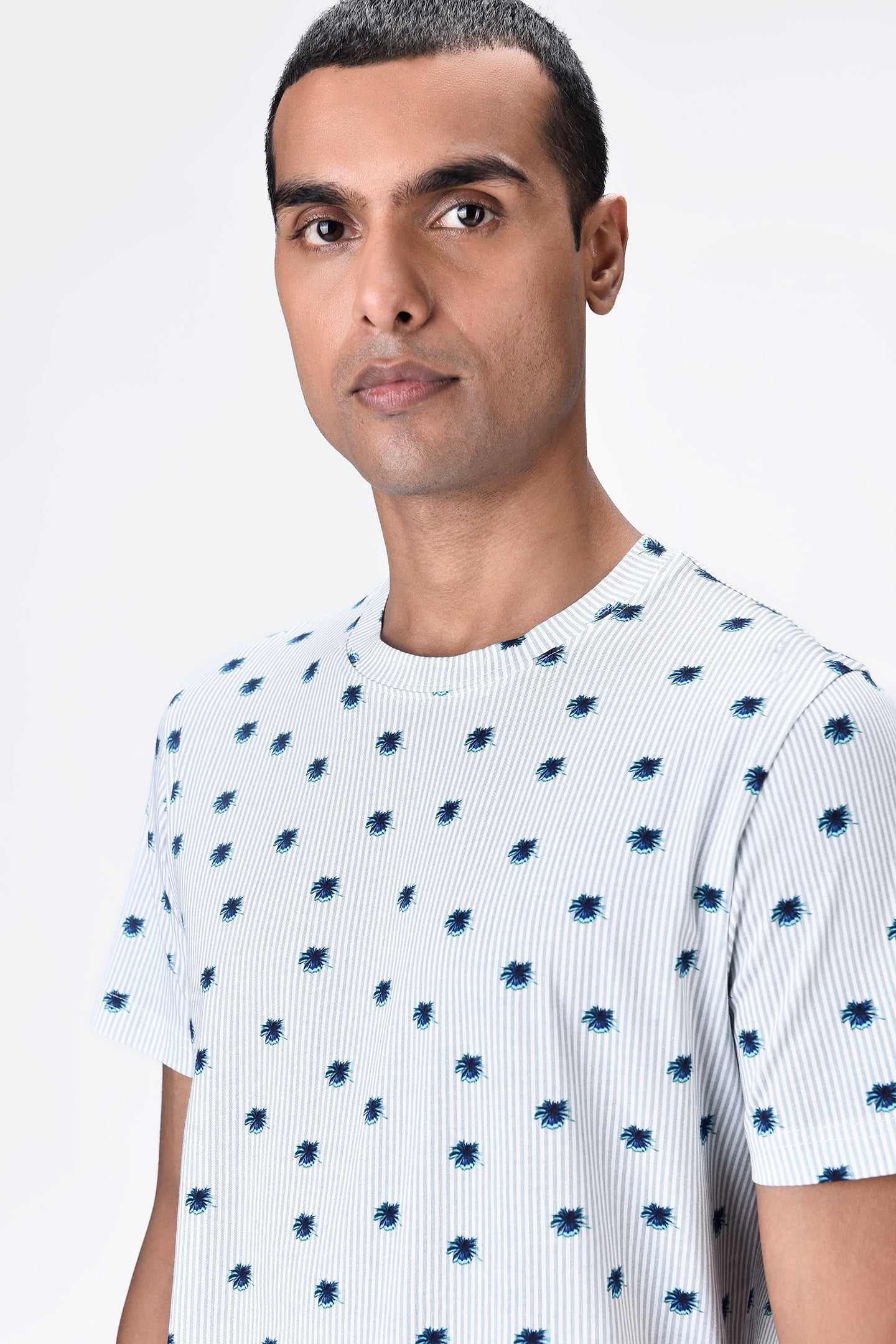 Stripe Crew Neck T-Shirt with UV Flower Print