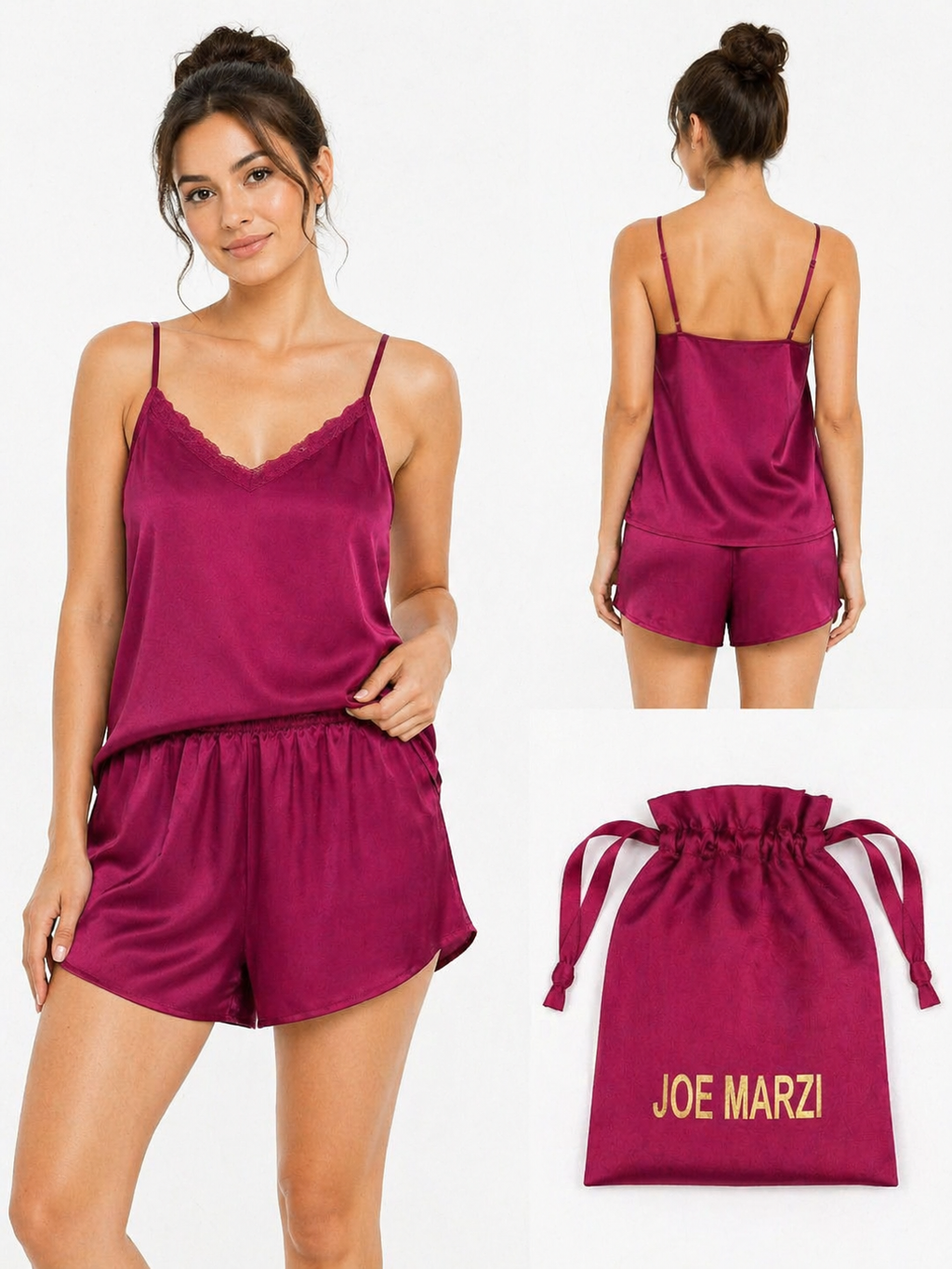 Luxury Satin Camisole & Shorts Set with Premium Drawstring Pouch – Ruby Pink